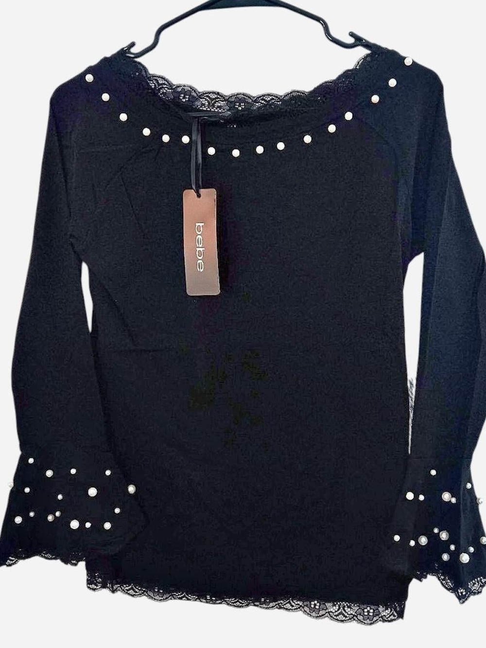 bebe Black Lace Trim Pearl-Embellished Long Sleeve Top